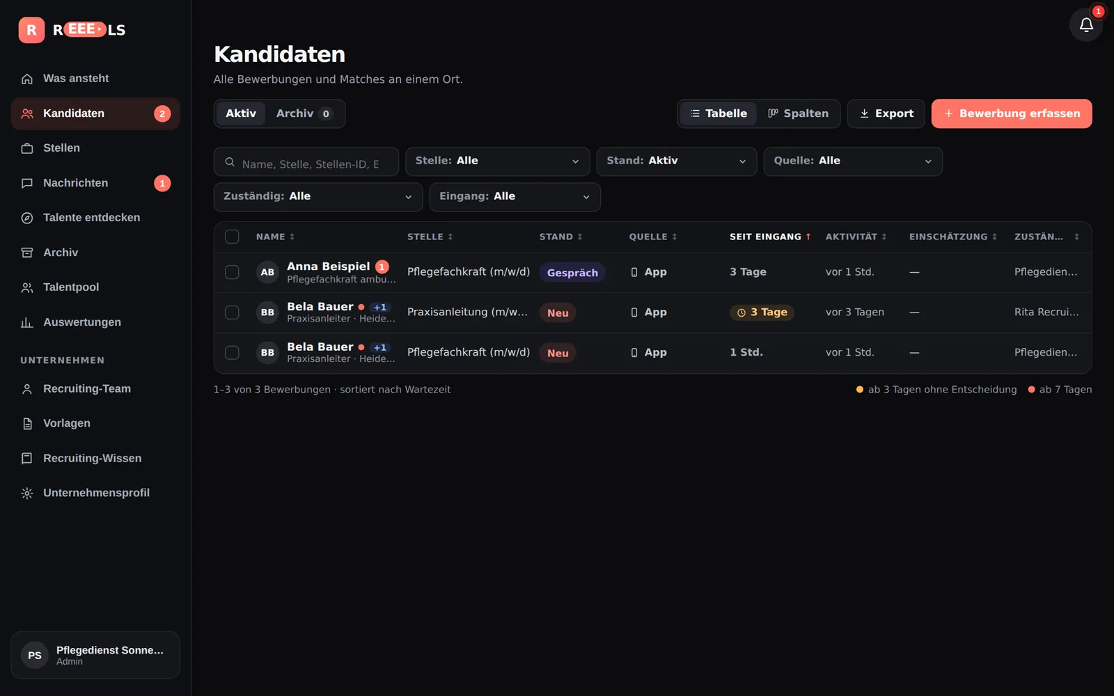 Kandidatenübersicht von REEELS am Desktop als Tabelle (Beispieldaten)
