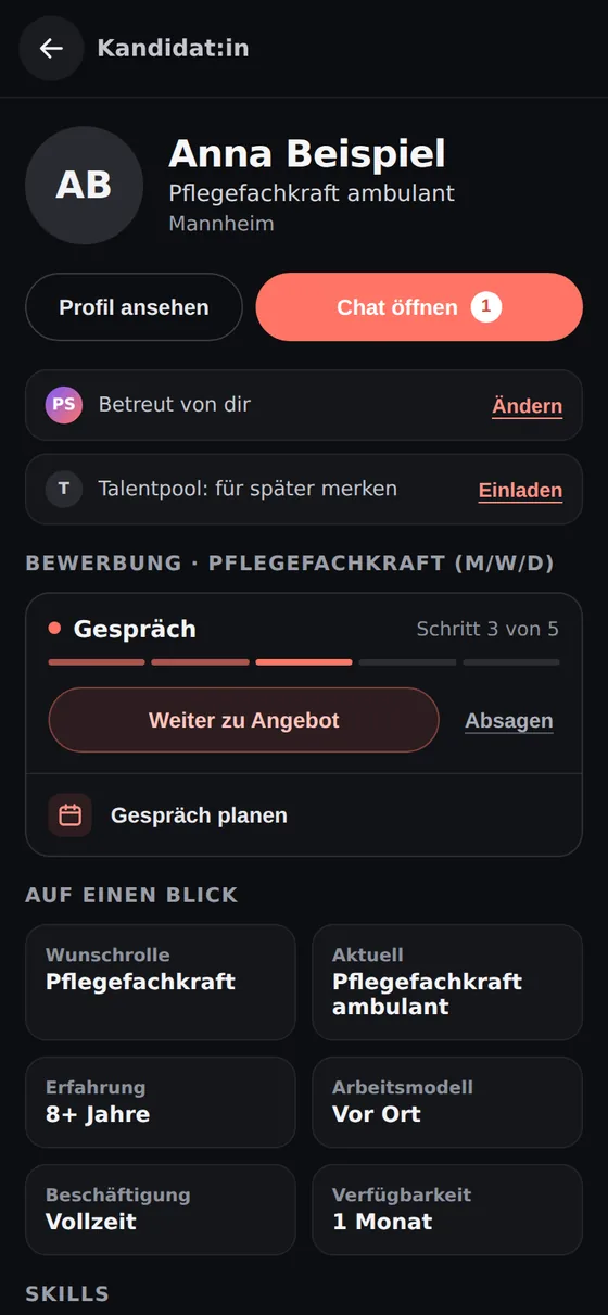 Kandidatenprofil in der REEELS-App mit dem Stand der Bewerbung (Beispieldaten)